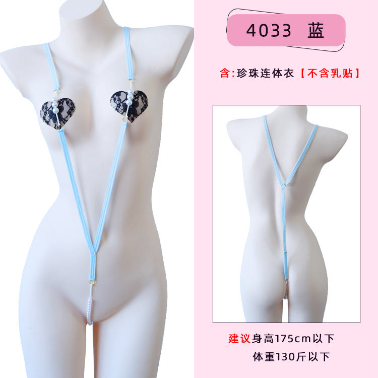 Image of Erotic underwear women's erogenous belt pearl jumpsuit simple webbing pajamas wholesale one piece dropshipping 4033